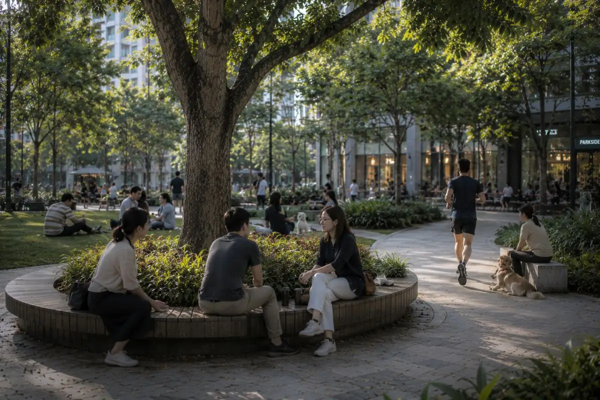 A shaded urban park featuring a circular bench around a mature tree where people chat, relax with pets, and enjoy a walkable public landscape within a mixed-use neighborhood.