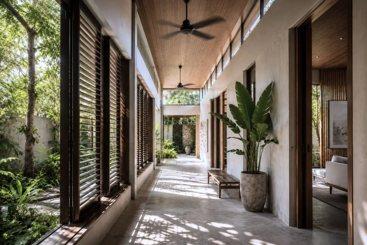 A naturally ventilated corridor with operable timber louvers, ceiling fans, clerestory windows, and tropical landscaping beside a contemporary residence.