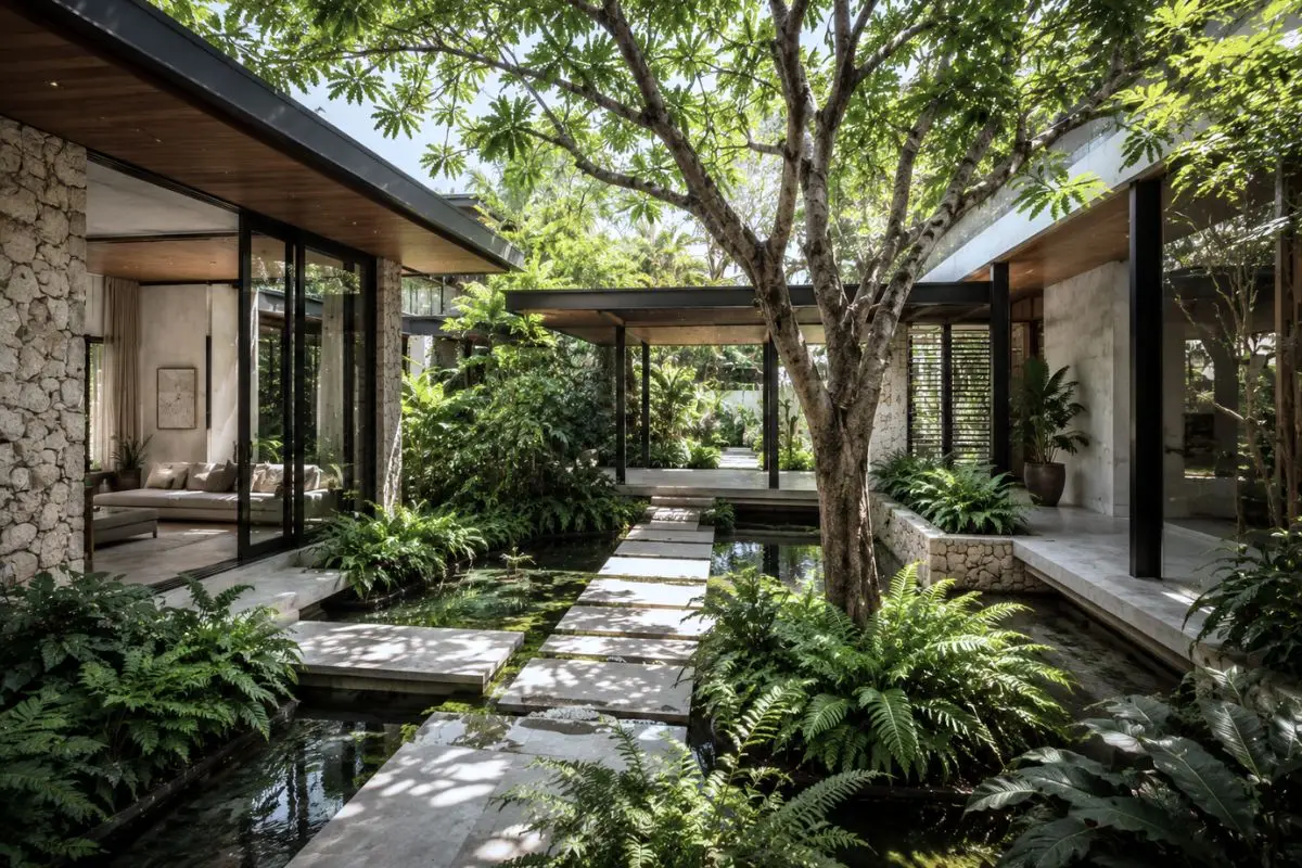 A tropical courtyard with mature trees, reflecting ponds, stepping stones, and contemporary residential spaces connected through landscaped outdoor living areas.