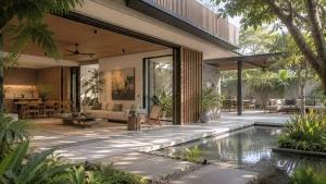 A contemporary tropical residence with fully retractable glass walls opening onto landscaped gardens, shaded terraces, and integrated outdoor living spaces.