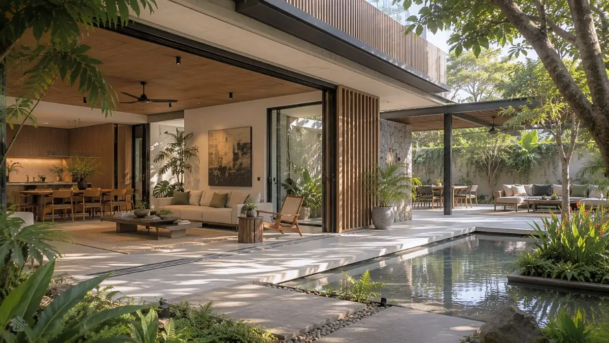 A contemporary tropical residence with fully retractable glass walls opening onto landscaped gardens, shaded terraces, and integrated outdoor living spaces.
