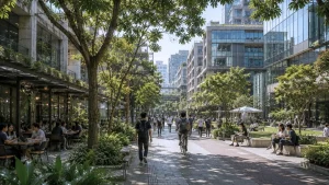 A lively mixed-use innovation district featuring pedestrian-friendly streets, cafés, offices, public spaces, and people gathering throughout a contemporary urban environment.