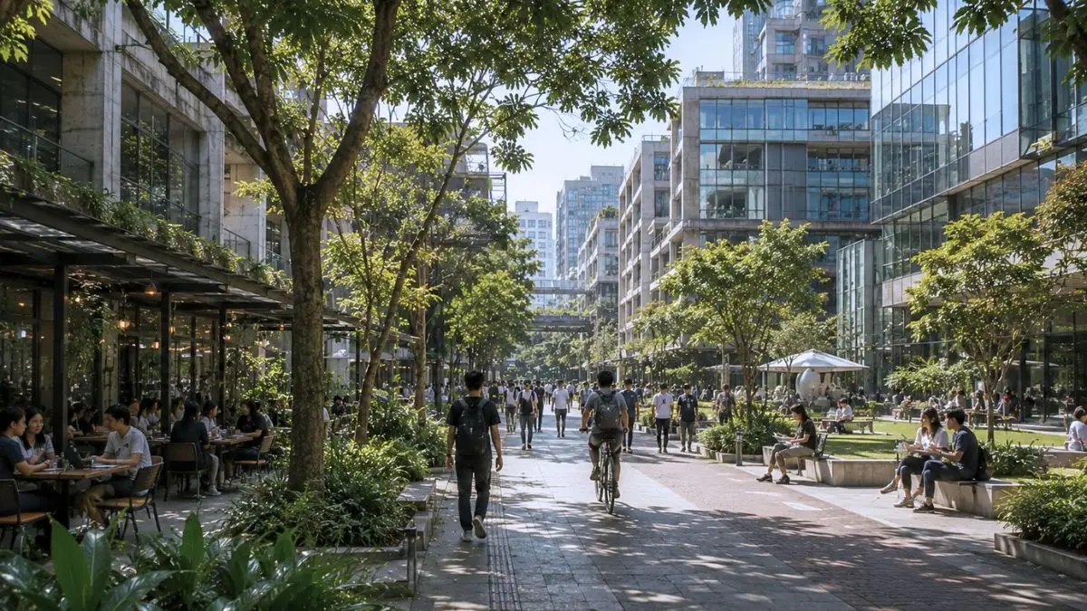 A lively mixed-use innovation district featuring pedestrian-friendly streets, cafés, offices, public spaces, and people gathering throughout a contemporary urban environment.
