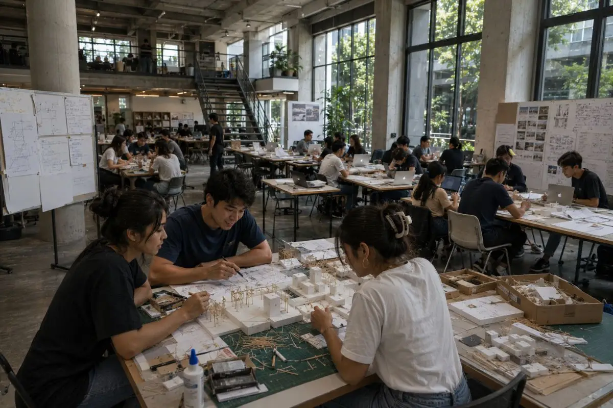 Architecture and design students collaborate on foam board models, cardboard prototypes, drawings, and research inside a contemporary open-plan studio.