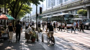 A busy Philippine boulevard with pedestrians, cyclists, buses, public transport, and tree-lined sidewalks demonstrating integrated urban mobility.