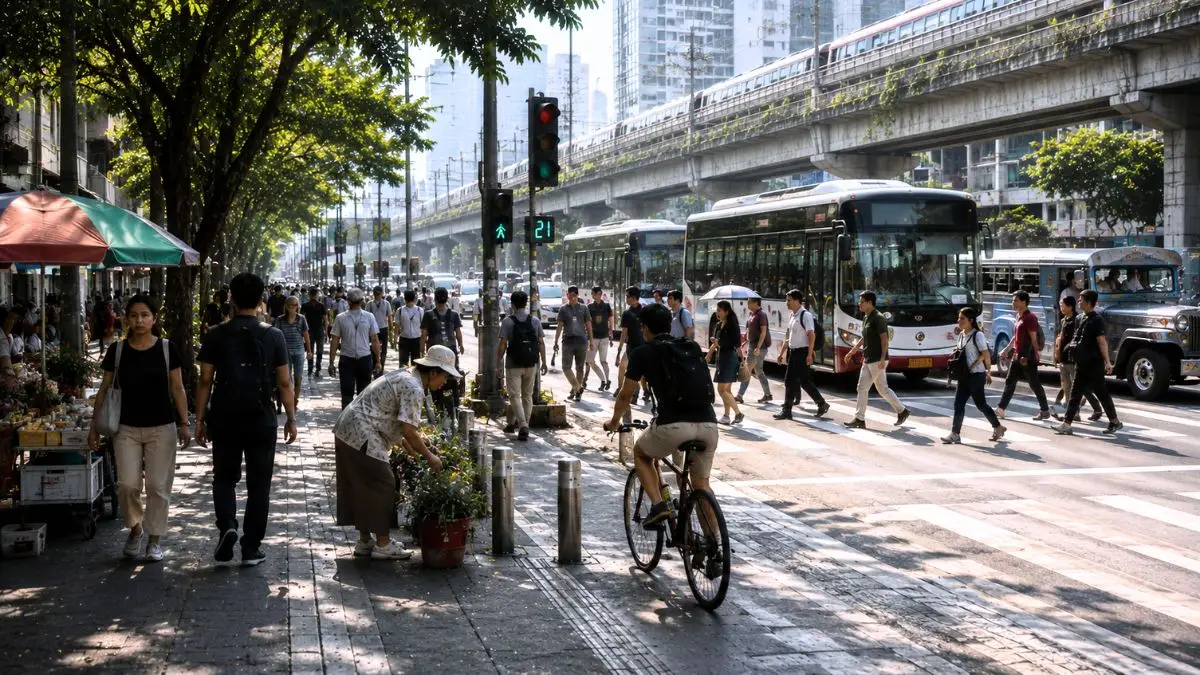 A busy Philippine boulevard with pedestrians, cyclists, buses, public transport, and tree-lined sidewalks demonstrating integrated urban mobility.