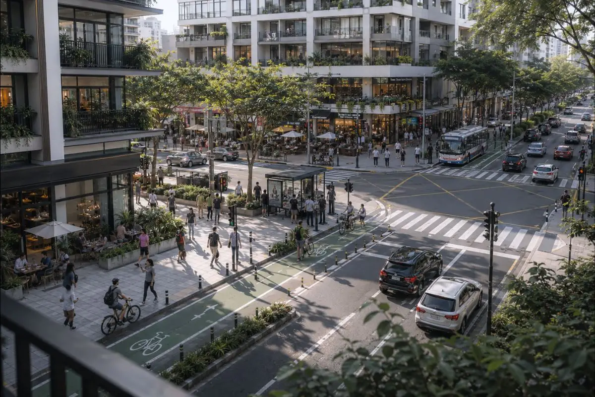 An elevated view of a mixed-use urban district with active ground-floor retail, residential buildings, public transportation, cycling infrastructure, and walkable streets.