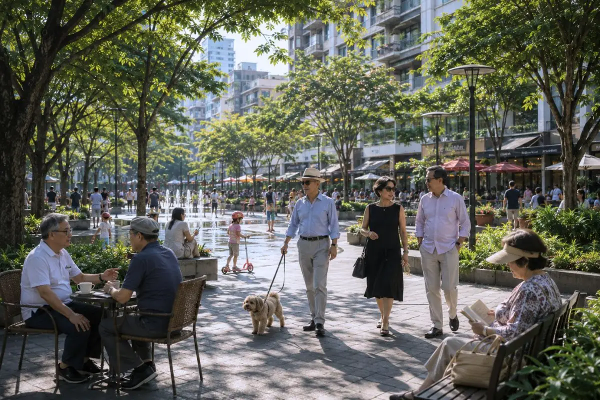 A landscaped urban park with mature trees, shaded seating, walking paths, cafés, and residents enjoying a public gathering space.