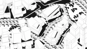 Axonometric master planning diagram illustrating coordinated streets, development blocks, public spaces, and circulation networks within a mixed-use urban district.