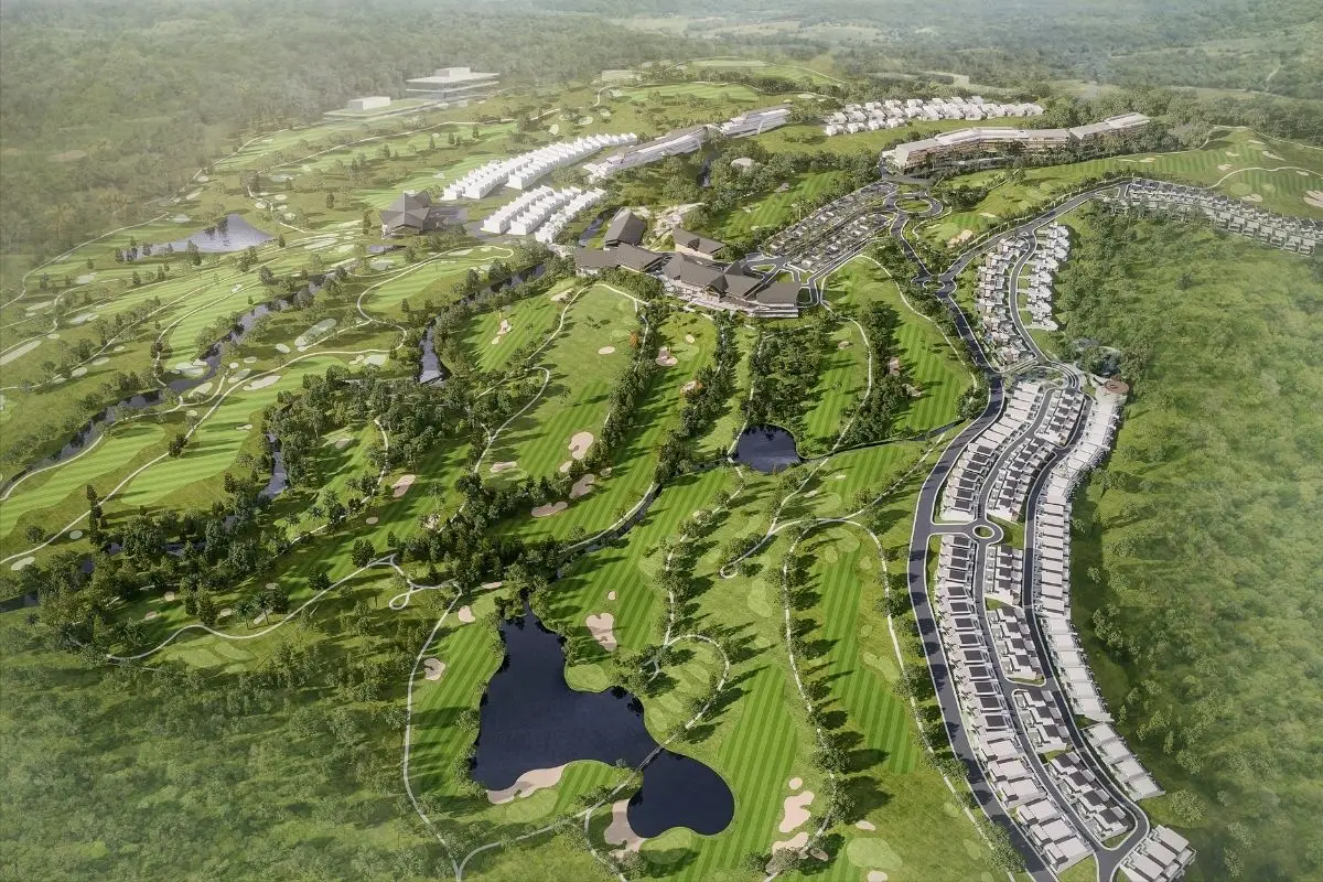 Aerial master plan rendering of an integrated golf community showing residential neighborhoods, resort facilities, circulation networks, landscaped open spaces, and a championship golf course.