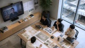 An overhead view of Filipino architects and engineers collaborating around a project table while coordinating with an international consultant through a large video conference display.