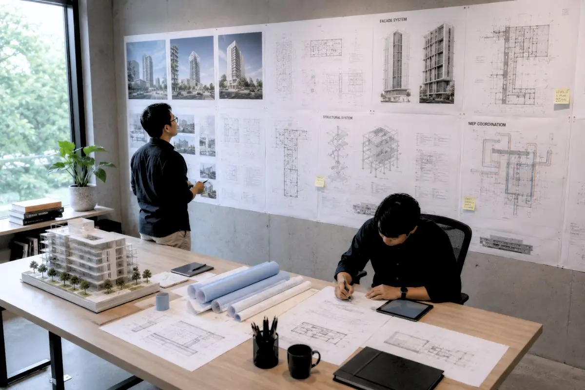 Two Filipino architects review coordinated architectural drawings, technical documents, and a physical scale model inside a contemporary architecture studio.