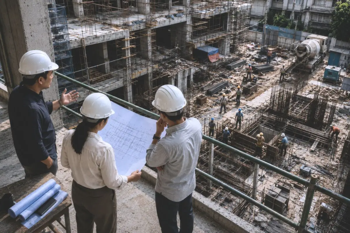 Architects and engineers review construction drawings from an elevated vantage point overlooking an active urban building site in the Philippines.