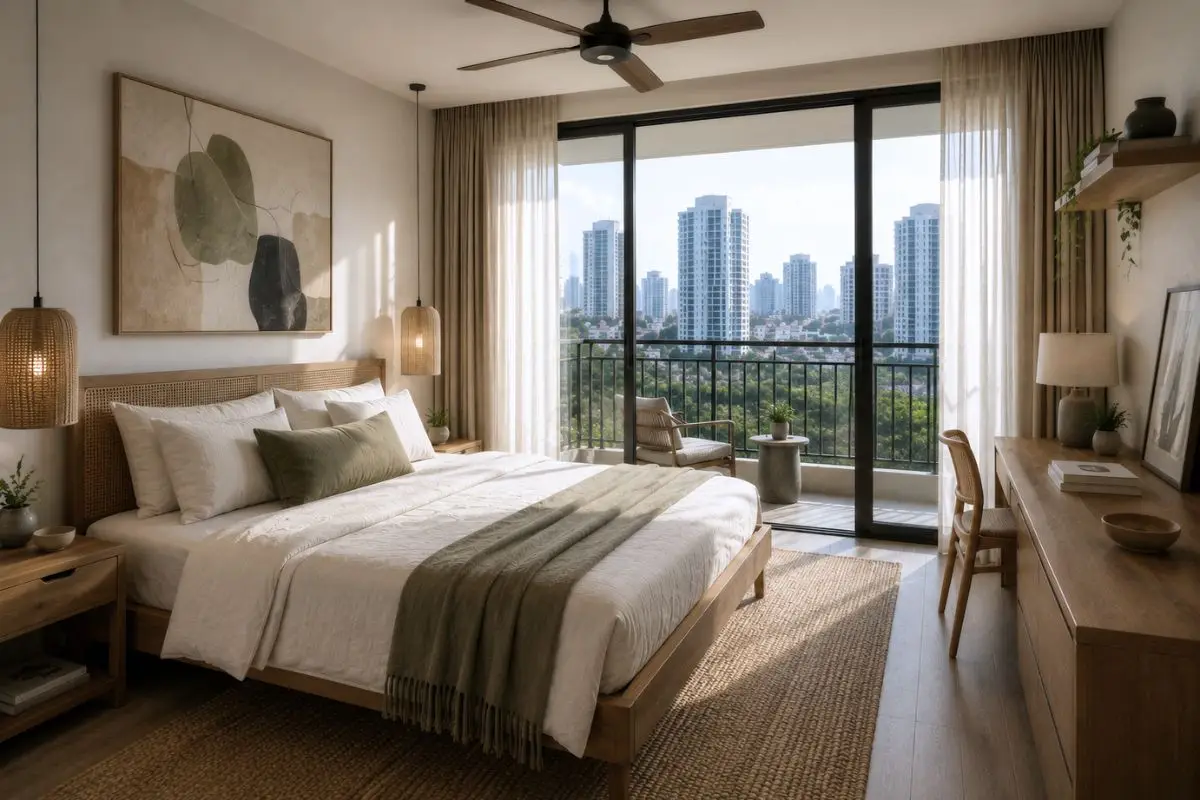 A contemporary condominium bedroom with warm wood finishes, abstract artwork, woven textures, natural daylight, and balcony access overlooking the city.