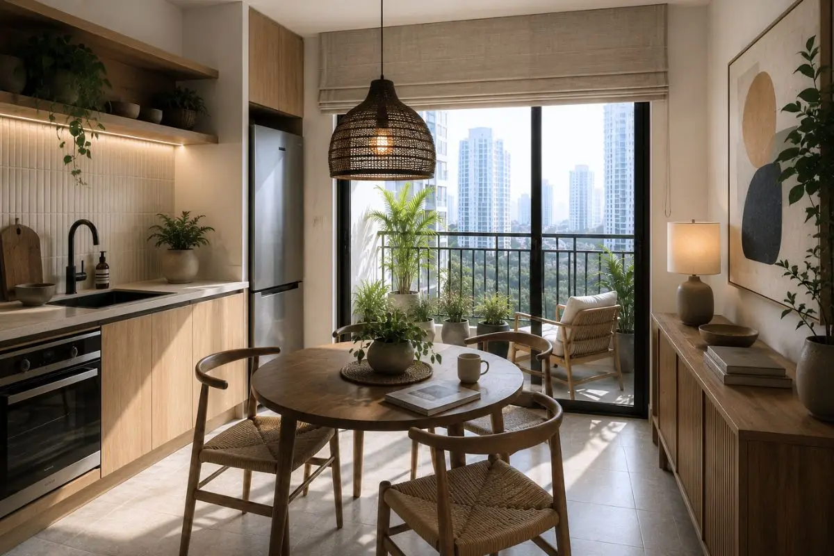 A compact condominium dining and kitchen area featuring warm wood cabinetry, woven furniture, natural finishes, abstract artwork, and a balcony overlooking the city.