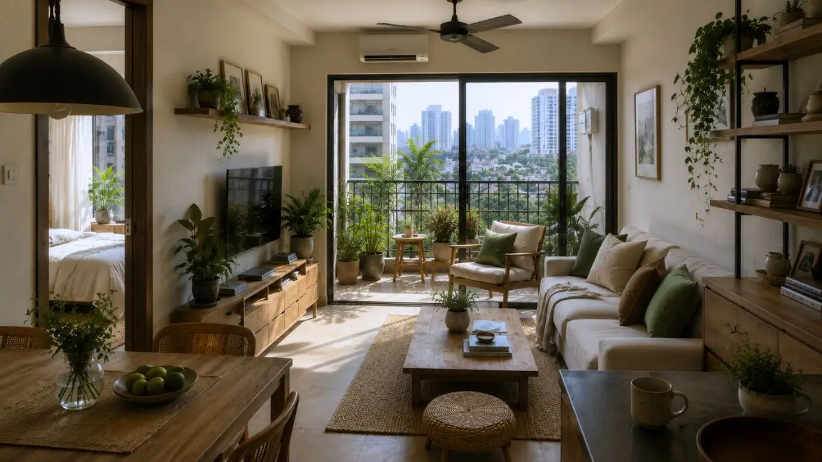 A modern tropical condominium interior featuring warm timber finishes, woven textures, natural daylight, an open-plan living space, and a balcony overlooking the city skyline.