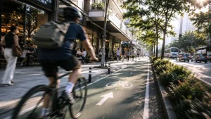 A cyclist rides through a vibrant urban street with wide sidewalks, street trees, outdoor cafés, and pedestrians enjoying an active commercial district.