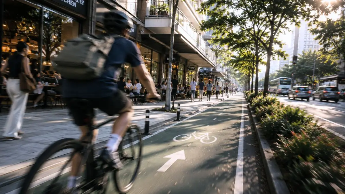 A cyclist rides through a vibrant urban street with wide sidewalks, street trees, outdoor cafés, and pedestrians enjoying an active commercial district.