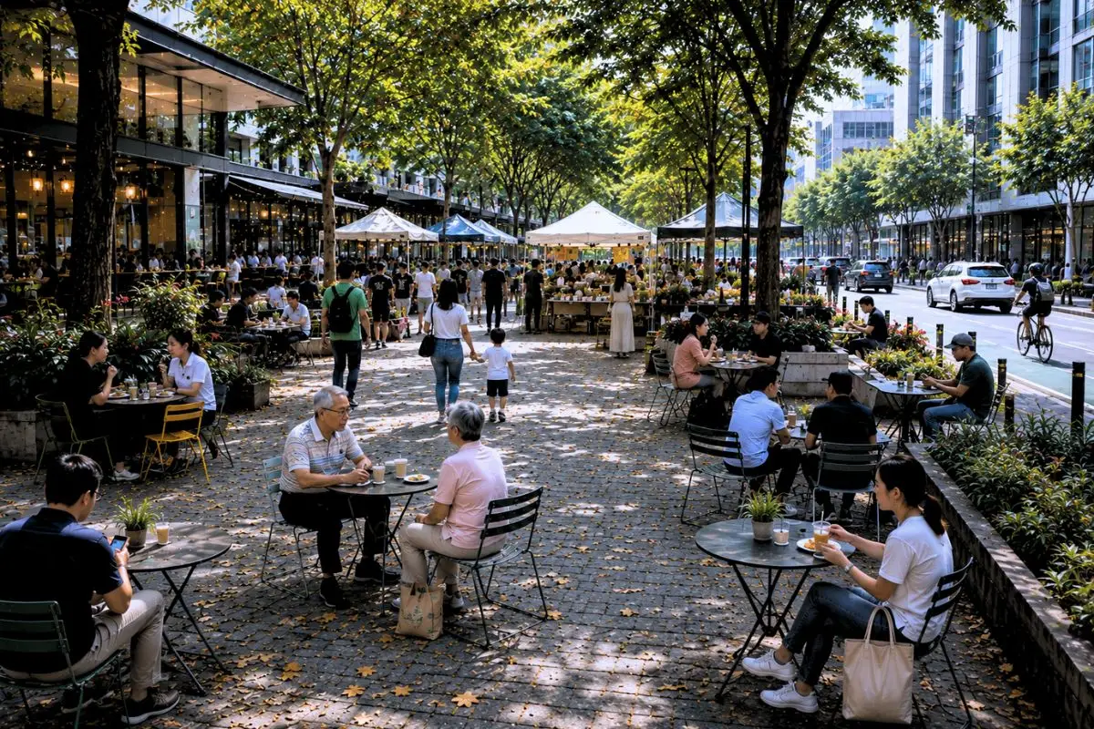 A shaded urban plaza with café seating, a small weekend market, mature trees, and people of different ages gathering in a comfortable public space.