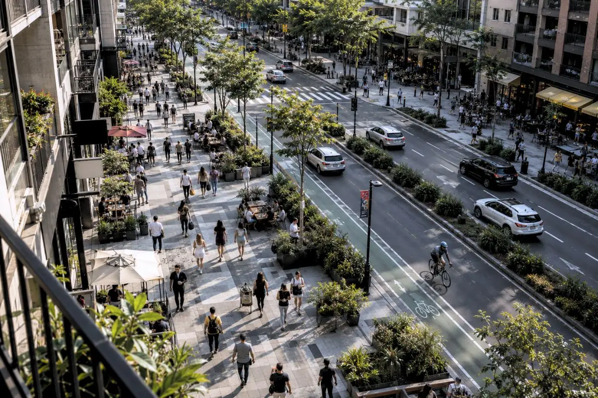 An elevated view of a walkable commercial street with outdoor dining, street trees, protected bike lanes, and active mixed-use buildings.