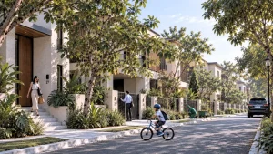 Modern residential community in the Philippines with cohesive architecture, landscaped streets, and everyday neighborhood activity.